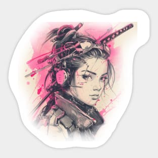 Samurai Girl Pink Cyber Sketch Art Sticker